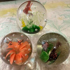 Lot of 3 Vintage Fish Bee Floral Art Glass Paperweight Colorful Paperweights